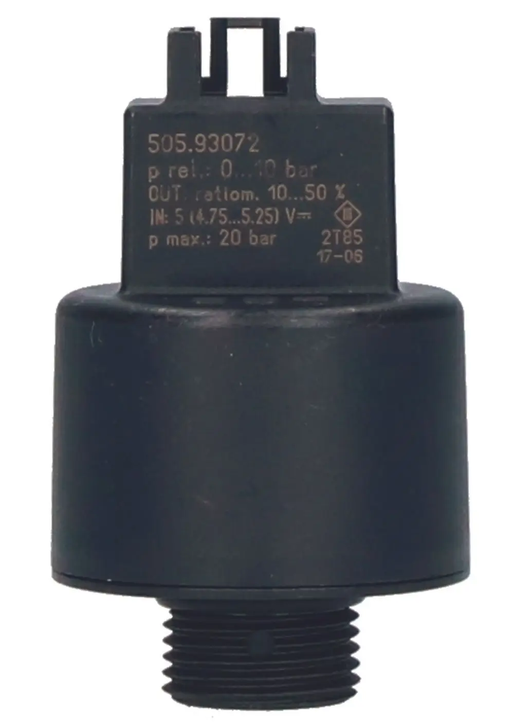 Drucksensor mit schwarzem Gehäuse, Anschlussgewinde und elektrischer Schnittstelle. Angaben zu Druckmatrizen und Maximaldruck auf der Oberfläche. Marke Judo.
